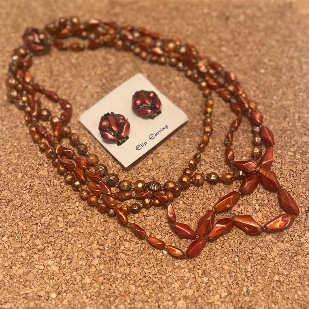 Vintage multi strand Beaded Necklace and Clip Earring Set Made in Hong Kong